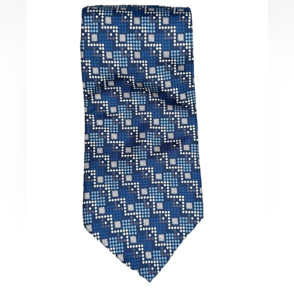 Vintage Yves Saint Laurent Silk Necktie Blue Geometric Print 1980s - Picture 1 of 8